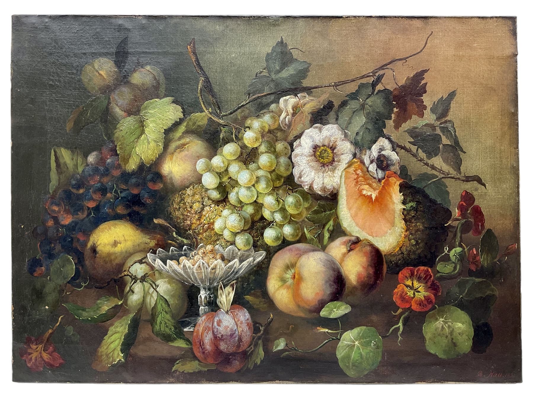 B Hall (British 19th century): Still Life of Fruit and Flowers, oil on canvas signed and dated 1873, 40cm x 56cm (unframed)
