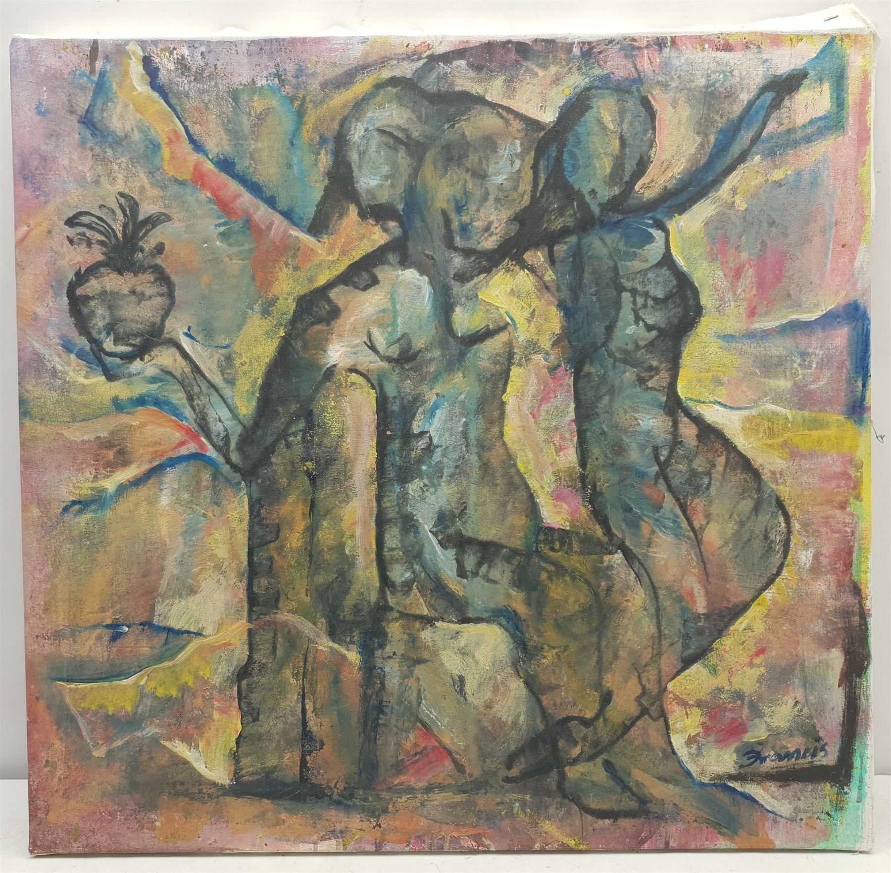 Francis Perera (Sri Lankan 1931-): 'Temptation', oil on canvas signed, titled verso 62cm x 64cm
(unframed)
Notes: Perera a noted Sri Lankan artist has had many solo exhibitions both in his home country and overseas. He is a six time winner of the Presidential Award, represented Sri Lanka in Washington DC to commemorate the 50th anniversary of its independence, exhibited at the Royal Commonwealth Society in 2002, and at the 20th International Art Festival in Germany.