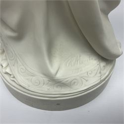 19th century Copeland Parian Ware figure, after R Monti, modelled as Lady Godiva, upon a circular titled plinth, signed and dated verso R Monti 1870, impressed to base Copyright Reserved Copeland, overall H22cm