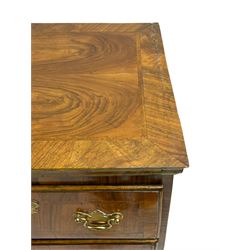George II walnut straight-front chest, rectangular top with crossbanding and quartered veneer, fitted with two short over three long drawers, each with herringbone inlay stringing, raised on bracket feet