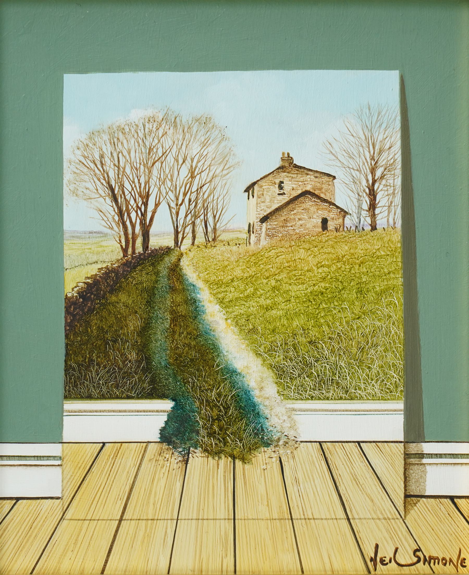 Neil Simone (British 1947-): 'Forward and Beyond', oil on panel signed 14cm x 11cm