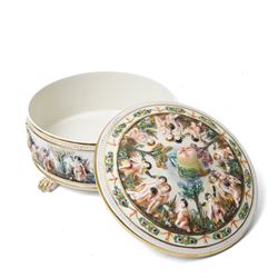 Capodimonte vase and cover decorated with a raised pattern of cherubic figures H32cm, another vases and cover with panels of figures H33cm, bowl and cover with similar decoration D20cm and two other Capodimonte pieces (5)
