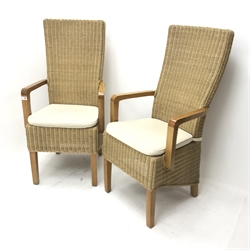 Two high back cane dining chairs, upholstered seat, square tapering supports, W55cm