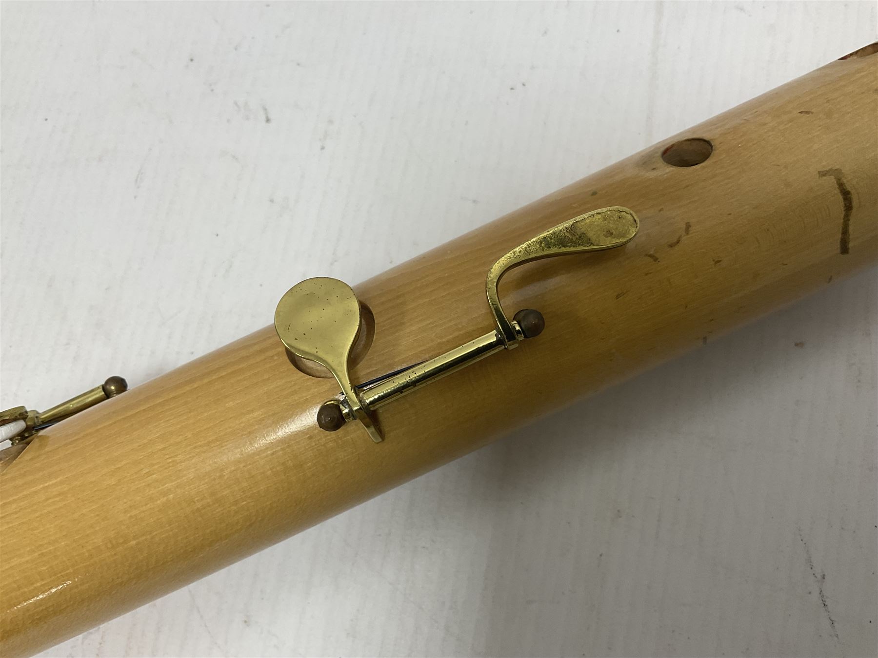 Wooden bass recorder, possibly by Roessler but unmarked, in fitted and lined case 