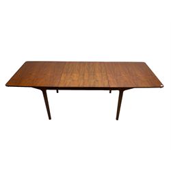 Tom Robertson for AH McIntosh & Co of Kirkaldy - mid-20th century teak extending dining table, rectangular top with rounded corners, concealed integrated double leaf, raised on tapered supports, metal label to underside of leaf