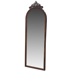  Victorian Dressing mirror, arched plate in moulded mahogany frame with pierced scrolled cresting, H173cm, W59cm  