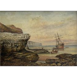 John Taylor Allerston (British 1828-1914): Beached Steam/Sail Vessel at Flamborough, oil on canvas signed and dated 189?, 26cm x 37cm