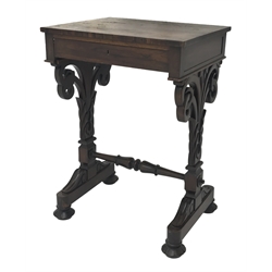 Regency rosewood work table, single frieze drawer on shaped and pierced scroll carved supports joined by turned stretcher, lobed feet with inset brass castors W51cm, H74cm, D42cm