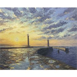 Chris Geall (British 1965-): Whitby Piers at Sunset, oil on canvas signed, inscribed and dated 2010 verso 61cm x 76cm (unframed)