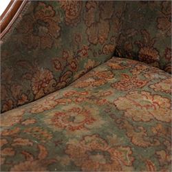 Mid-19th century mahogany chaise longue, shaped and rolled back carved and pierced with scrolling leaf decoration, upholstered in floral pattern fabric, on cabriole feet with brass and ceramic castors