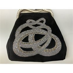 Lalique serpentine lined evening handbag, the black suede body decorated with embroidered snake design with silver colour thread and snake metal clasp, housed in original dust bag