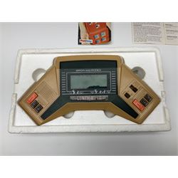 Three late 70s/early 80s handheld electronic games; Bandai Electronics Arcade ‘Gunfighter’ (1980), Grandstand ‘Invader From Space’ (1980), Palitoy ‘Merlin The Electronic Game Machine’ (1979) with game sheet and instruction booklet, all with original boxes (3) 