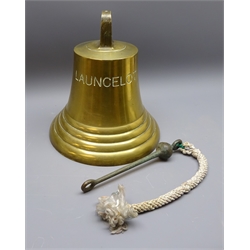  Large metal ships bell, of typical shape with stepped rim, stamped 'Launcelot', iron clapper with rope pull, H32cm, D30cm  