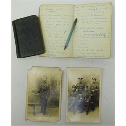 WW1 period Crown Diary for 1916 and a Guerre Carnet Appartenant 1917-18 for 386468? Private R Hutchinson RAMC 1st Northumbrian Field Ambulance, 50th Div France with two photos  