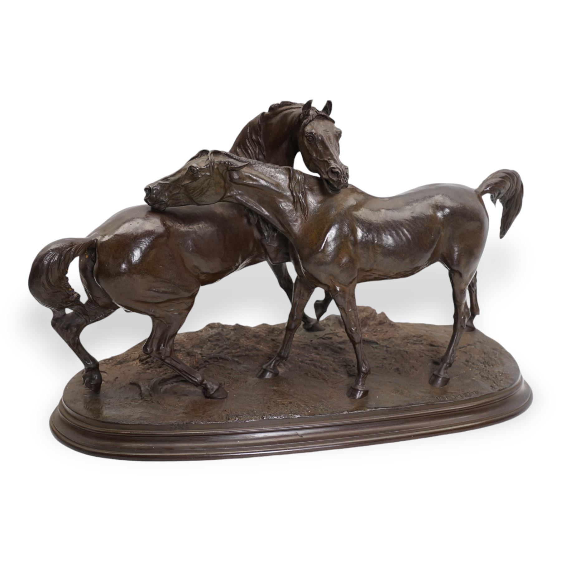 After Pierre-Jules Mene (1810-1879) - 'L'Accolade' (The Embrace) a bronze group of two horses with their necks crossed standing on a shaped oval base signed 'P J Mene' H36cm x W51cm