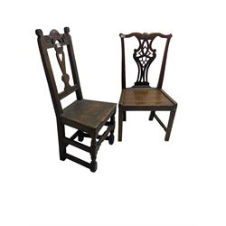 George III Chippendale design oak side chair, york cresting rail over pierced shaped splat back, solid seat raised on square supports (W52cm H93cm); 18th century oak side chair, scroll carved cresting rail with heart splat, panel seat raised on turned supports (W43cm H99cm)