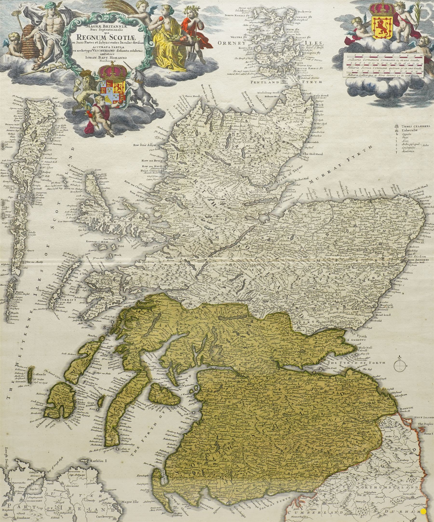 Johann Baptist Homann (German 1664-1724): 'Magnae Britanniae Pars Septenttrionalis qua Regnum Scotiae', early 18th century engraved map with hand-colouring of Scotland pub. c.1720, 56cm x 47cm