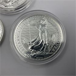 Five Queen Elizabeth II United Kingdom one ounce fine silver Britannia two pound coins dated 2017, 2018, 2019, 2020 and 2021