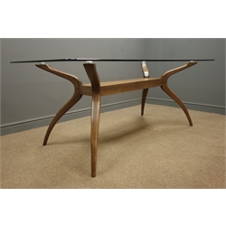  Jenson rectangular glass top dining table, shaped walnut supports joined by under tier, 180cm x 95cm, H75  