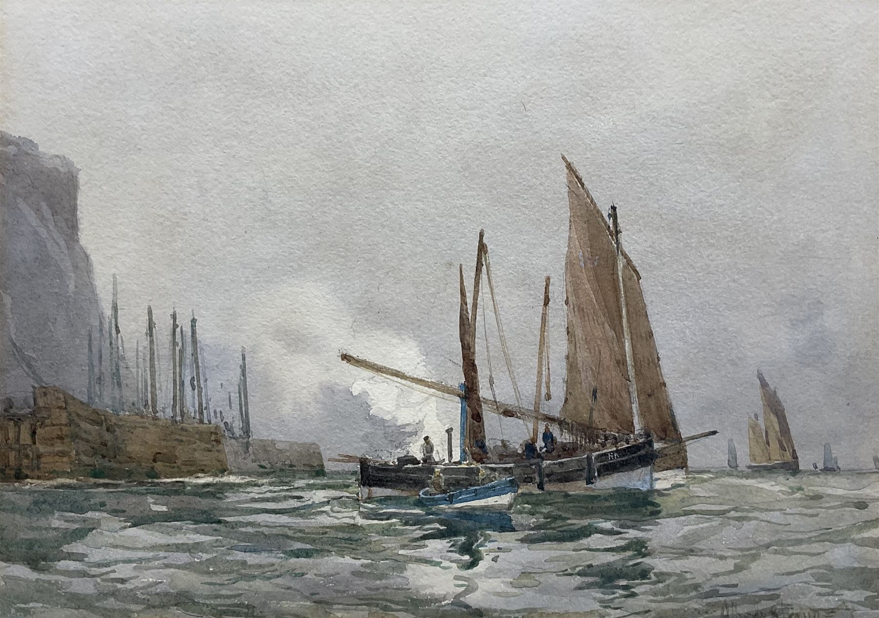 Albert George Strange (British c1855-1917): Fishing Boats outside Scarborough Harbour, watercolour signed 17cm x 24cm 
Notes: this is view prior to the start of the construction of the Marine Drive in 1897. Strange had taught at South Kensington and Liverpool Art Schools before being appointed Head of the newly founded Scarborough Art School in 1882, an appointment he held until 1916. An outstanding teacher, among his many pupils was Frank Henry Mason.