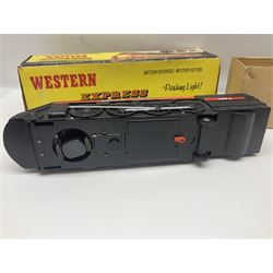 Mickey Mouse Trick Star battery operated drummer figure; Illco Mickey Mouse battery operated Fun Castle Roller Coaster; battery operated Western Express Locomotive; and JK Wells Fargo Overland Stage scale model; all boxed (4)