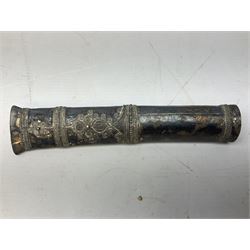 Burmese dha dagger with 15cm steel blade, white metal ferrule and horn handle, in white metal and filigree scabbard L30.5cm; a Burmese long bladed knife with horn handle and brass mounted teak scabbard; and another Eastern dagger in sheath (3)