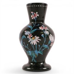 Aventurine green glass vase, hand painted with enamel flowers, H10cm