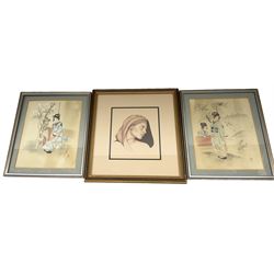 Japanese School (19th century): Mother with Baby by Blossom Tree and Mother with Child by Koi, pair watercolours signed with artists seal 25cm x 20cm together with English School (20th century): Portrait of a Woman, pencil signed with monogram 19cm x 16cm (3)