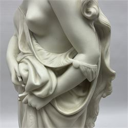 19th century Copeland Parian Ware figure, after R Monti, modelled as Lady Godiva, upon a circular titled plinth, signed and dated verso R Monti 1870, impressed to base Copyright Reserved Copeland, overall H22cm