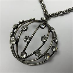 Joseff of Hollywood, circa 1950s metal and white paste necklace, with three graduated pendant drops set with white paste, to a Prince of Wales chain, signed with round script tag