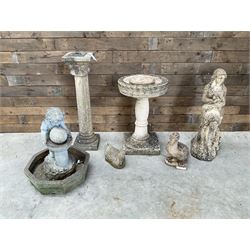 Cast stone circular bird bath, cast stone sun dial, garden figure, ducks, composite water feature