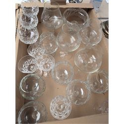 Collection of crystal and glassware, including pair of Stuart Crystal wine glasses, other Stuart Crystal glasses, etched balloon glasses and a collection of other glassware, in two boxes