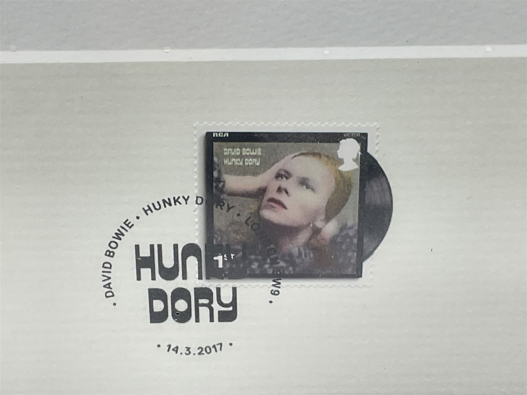 Set of four Royal Mail David Bowie limited edition album stamp prints, comprising Heroes, Ziggy Stardust Tour, Hunky Dory and Let's Dance, all framed and in original packaging, H43cm W43cm