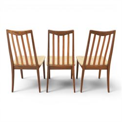 G-Plan - mid-20th century teak 'Fresco' circular extending dining table and six chairs, circular top with storable fold-over leaf extending to 166cm