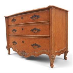 And So To Bed - 'Louis XV' large cherrywood chest, bowed shaped top above three long graduating drawers, blackened metal handles and escutcheons, raised on scrolled supports with carved foliate knees 