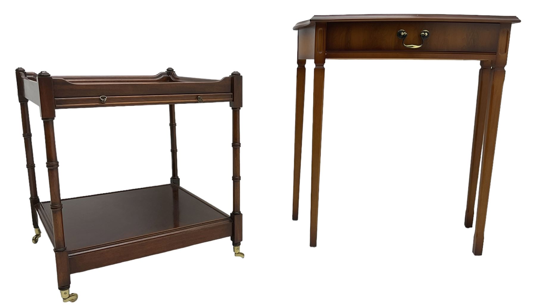 William Bartlett - small cherry wood console table, shaped moulded top over single drawer, on square tapering supports (W69cm, H71cm, D34cm); together with a Georgian design mahogany two-tier occasional table with slide (50cm x 50cm, H55cm)