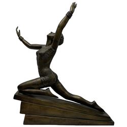 Large bronzed Art Deco style figure of a dancer, on stepped base, H71cm
