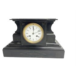 French - 19th century Belgium slate mantle clock with an 8-day Parisian movement, rectangular break front case with a flat top on a broad plinth, enamel dial with Roman numerals and steel moon hands, twin train countwheel movement striking the hours and half hours on a bell. With pendulum.