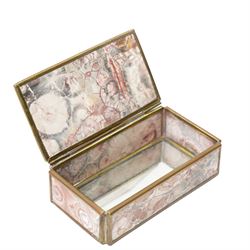 Vintage brass bound stone trinket box, with pink, grey and deep red banding, possibly rhodochrosite, with mirror to interior, L9cm x W5cm
