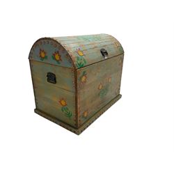 Painted pine chest, hinged dome top, stenciled with tulip decoration 