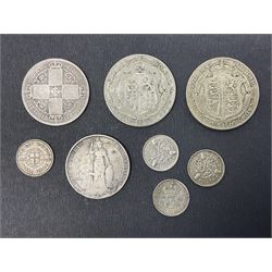 Queen Victoria Gothic florin, King George V 1920 and 1923 half crowns, silver threepence pieces etc