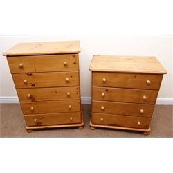  Solid pine chest, moulded top, five drawers, bun feet (W76cm, H106cm, D47cm) a solid pine chest, moulded top, four drawers, bun feet (W76cm, H87cm, D46cm) and pair matching bedside chests (W51cm, H62cm, D38cm) (4)  