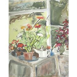 Andrew D Barlow (British contemporary): Man Riding Donkey, watercolour signed and dated 2005 together with Daphne Stevenson (British contemporary): Greenhouse Still Life, watercolour signed max 53cm x 35cm (2)