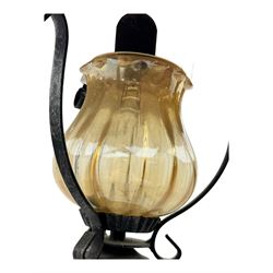 Collection of vintage and modern light fixtures, including copper pendant light, brass five-arm chandelier, hanging lantern and two small chandeliers with hanging faceted droplets (6)