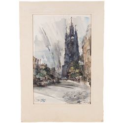 Harold Wharfe (Yorkshire 1916-1999): 'St Nicholas Cathedral - Newcastle upon Tyne', watercolour heightened with white signed titled and dated 1980 below the mount 43cm x 28cm (unframed)