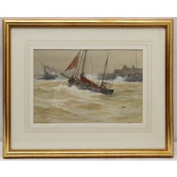 David Gould Green (British 1854-1917): 'Towing a Fishing Smack into Harbour', watercolour signed, labelled verso 23cm x 34cm