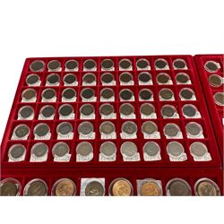 Mostly Great British coins, including George III 1806 farthing, George IIII 1822, 1825 and 1830 farthings, Queen Victoria 1887 halfpenny, various King George VI and Queen Elizabeth II brass threepence pieces etc, housed in four coin trays