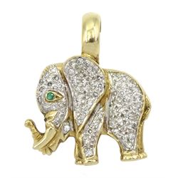 9ct gold pave diamond set elephant pendant, with an emerald eye, hallmarked