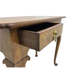 Queen Anne style figured walnut lowboy, moulded rectangular top with band,  over shaped apron fitted with two drawers, on cabriole supports