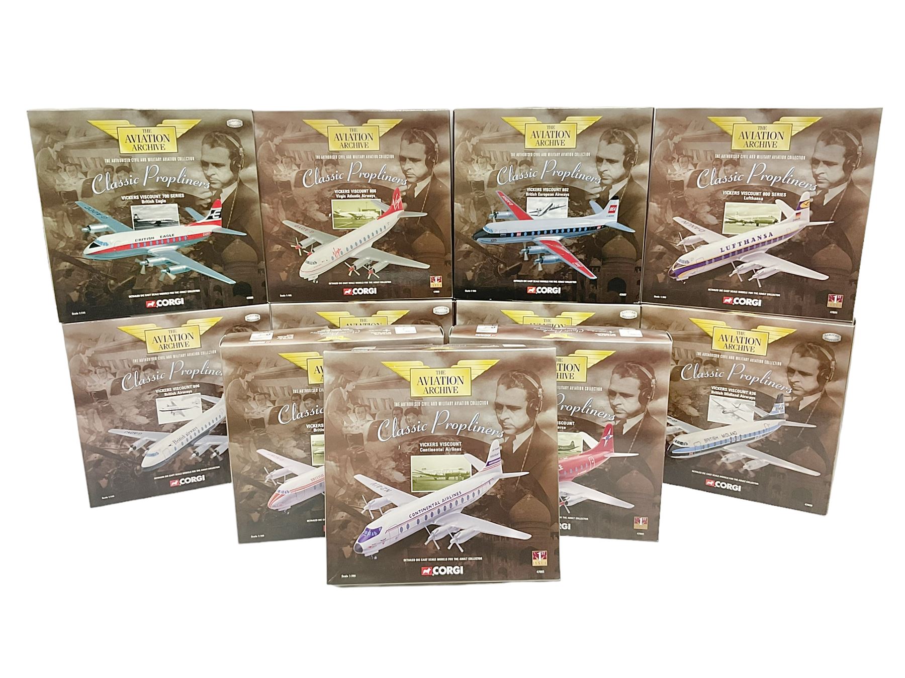 Corgi - Aviation Archive, eleven ‘Classic Propliners’ 1:144 scale models comprising Vickers Viscount models; 47601 700 Series British European Airways; 47602 Parcelforce; 47603 Continental Airlines; 47604 800 Series Lufthansa; 47605 700 Series British Eagle no.391/2900; 47606 806 Virgin Atlantic Airways; 47607 802 British European Airways; 47608 806 British Airways no.985/3000; 47609 836 British Midland Airways no.1530/2500; AA30501 800 Aer Lingus no.651/2100; AA30503 800 British Air Ferries no. 1131/2100; all boxed (11) 